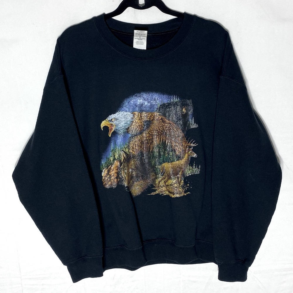 Vintage Gildan Black Crew Neck Sweatshirt W Wildlife Graphic L Festival Grunge